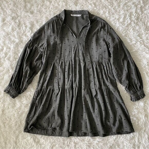 Zara Gray Tie Collar A-Line Long Sleeve Shirt Dress Size M - Picture 7 of 9